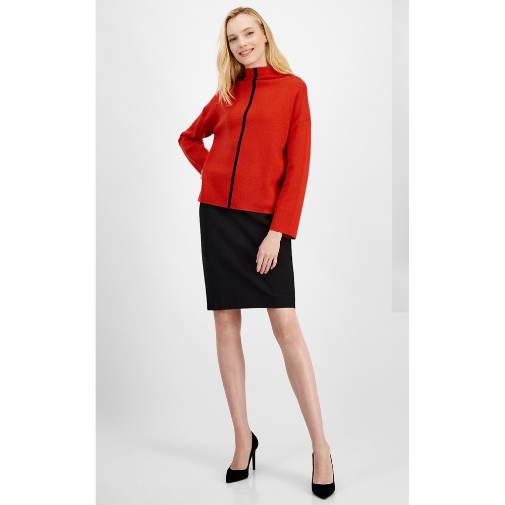 Tahari Mock‎ Neck Sweater Tomato Red Black Stripe Long Sleeve Knit Top L/G NEW